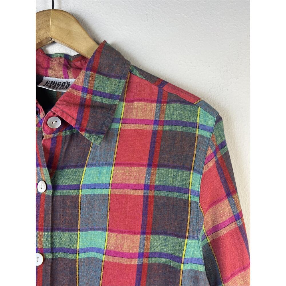 Chico's Women's 1 medium Button Down Long Sleeve Plaid 100% Linen Shirt - Picture 3 of 9